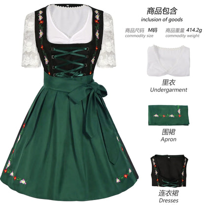 Damen Dirndl Kleid Grün Schwarz Trachtenkleid mit Stickerei und Bluse