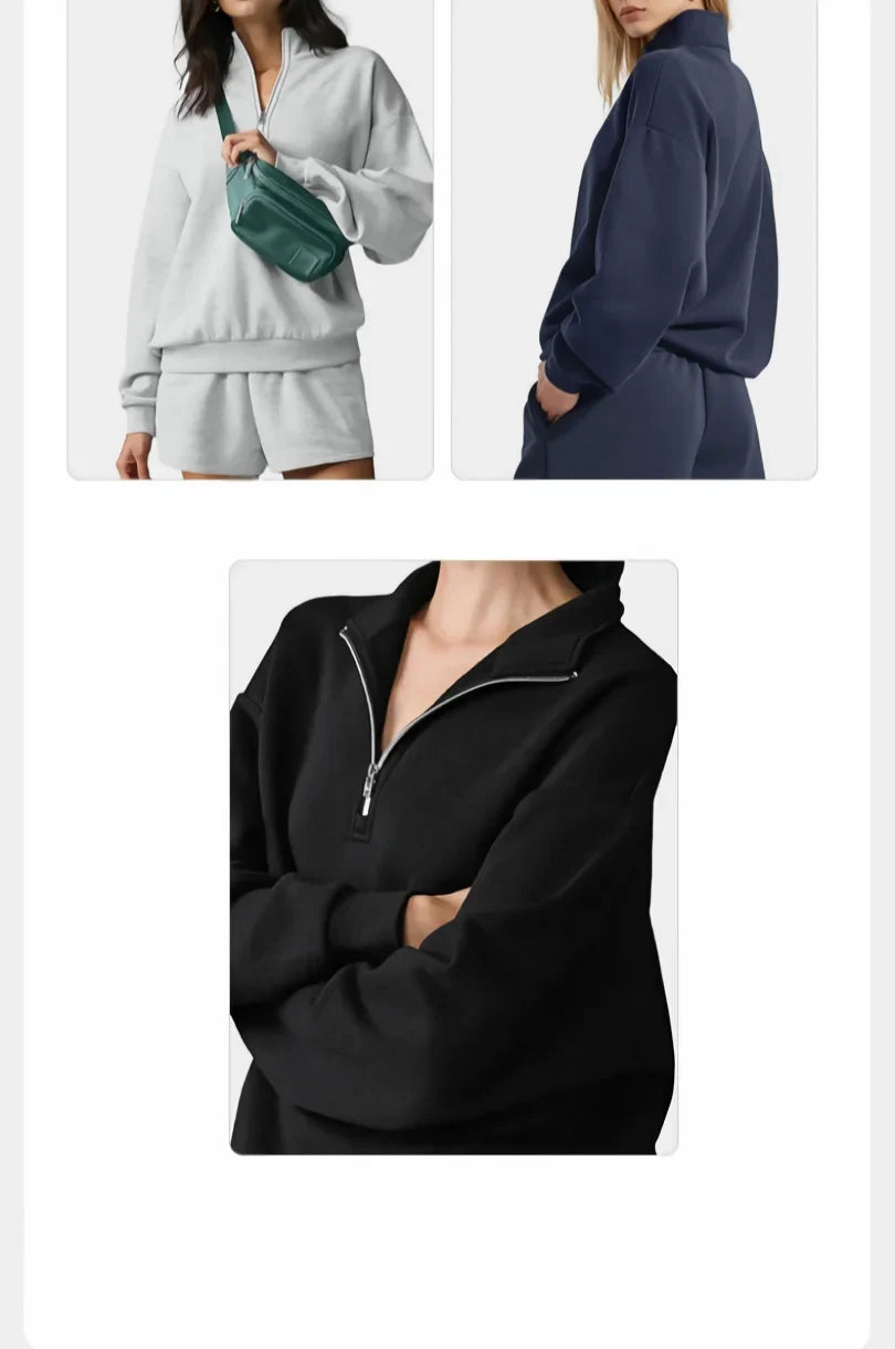 Damen Loungewear Set Hellgrau mit Reißverschluss-Sweatshirt und Shorts