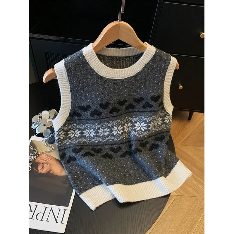 Damen Strickweste Jacquard Norweger-Muster Herz Schneeflocke Ärmellos Rundhals