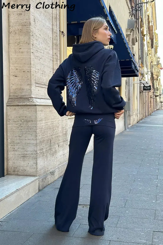 Damen Hoodie mit Kapuze und Pailletten-Flügeln auf dem Rücken