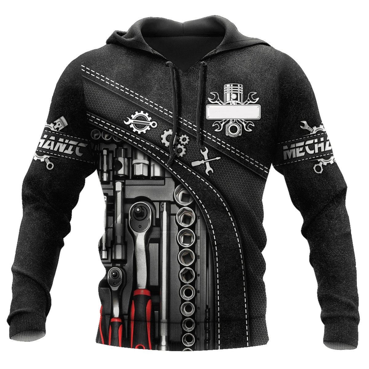 Herren Kapuzenpullover Mechanic Maschinenmotiv Hoodie Schwarz Grau