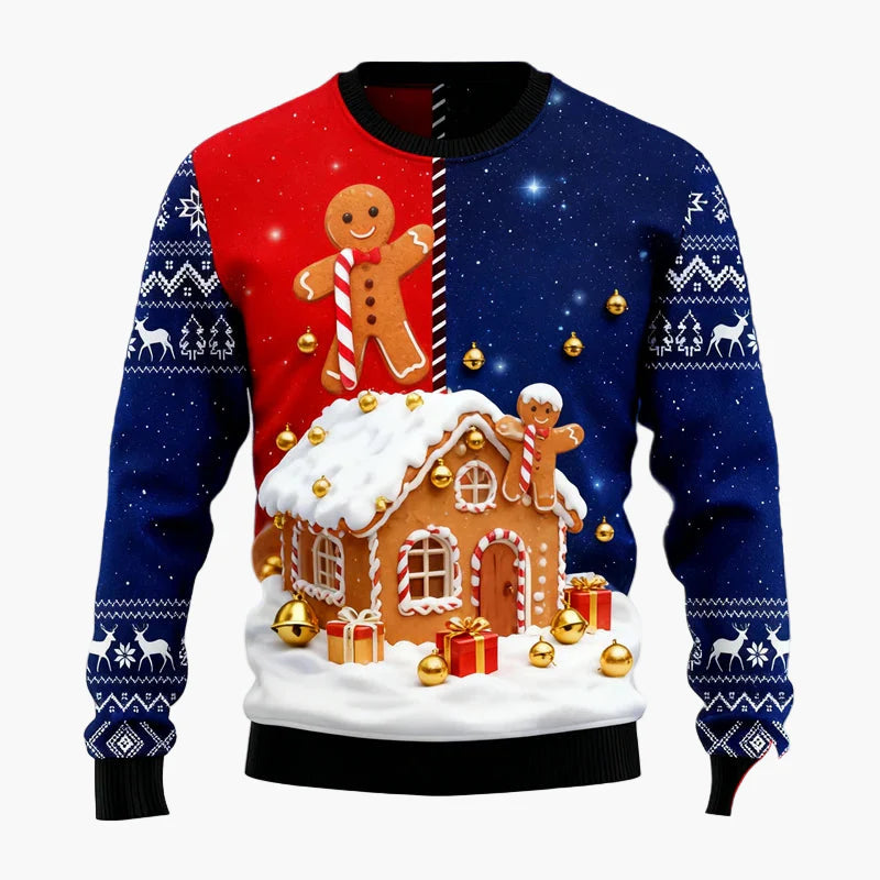 Pull de Noël pour homme avec bonhomme en pain d’épices, maison en pain d’épices et sapin – Pull moche festif et amusant