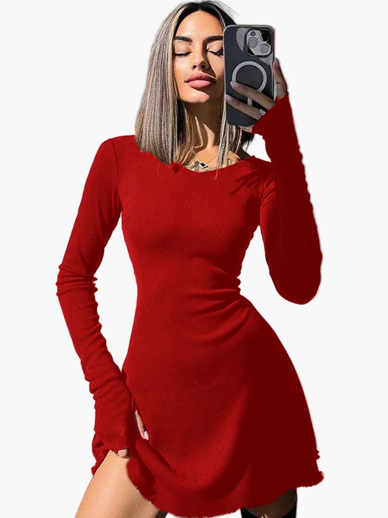 Dame minikjole med lange ermer, figursydd, elegant til hverdag og fest