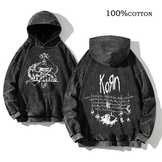 Sudadera con capucha unisex gris con estampado de banda y bolsillo canguro