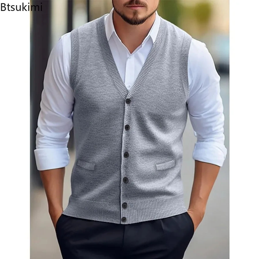 Gilet da uomo lavorato a maglia, con scollo a V, abbottonatura, grigio scuro e senza maniche