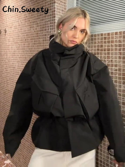Damen Jacke Schwarz Stehkragen Oversized Parka Kordelzug
