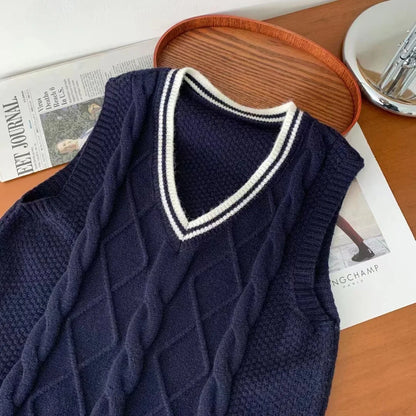 Strickpullunder Damen V-Ausschnitt Zopfmuster College-Stil