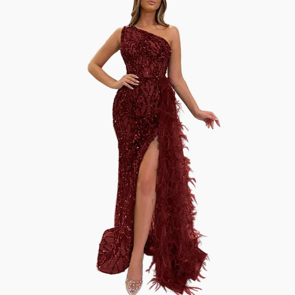 Vestido de noche para mujer de un solo hombro con lentejuelas y plumas – Vestido de fiesta elegante para ocasiones especiales