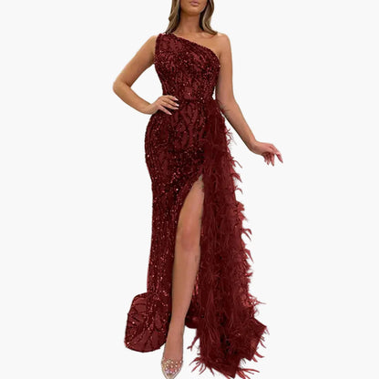 Vestido de noche para mujer de un solo hombro con lentejuelas y plumas – Vestido de fiesta elegante para ocasiones especiales