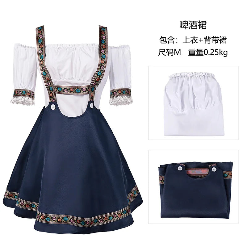 Damska sukienka dirndl w kolorze białym i granatowym, z haftem, z odkrytymi ramionami, z paskami i spódnicą