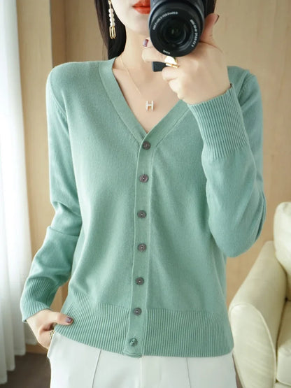 Damen Strickjacke V-Ausschnitt Knopfleiste Langarm Cardigan