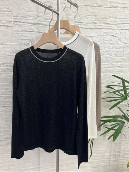 T-shirt en maille fine à manches longues pour femme, col rond