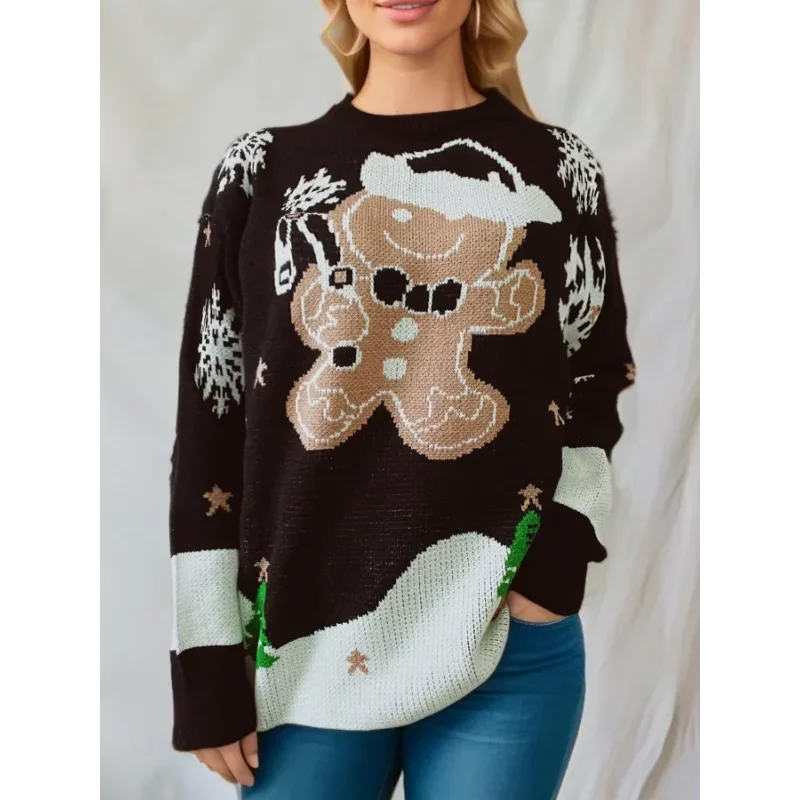 Pullover natalizio con motivo di omino di pan di zenzero, girocollo
