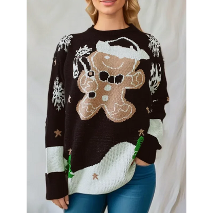 Pullover natalizio con motivo di omino di pan di zenzero, girocollo
