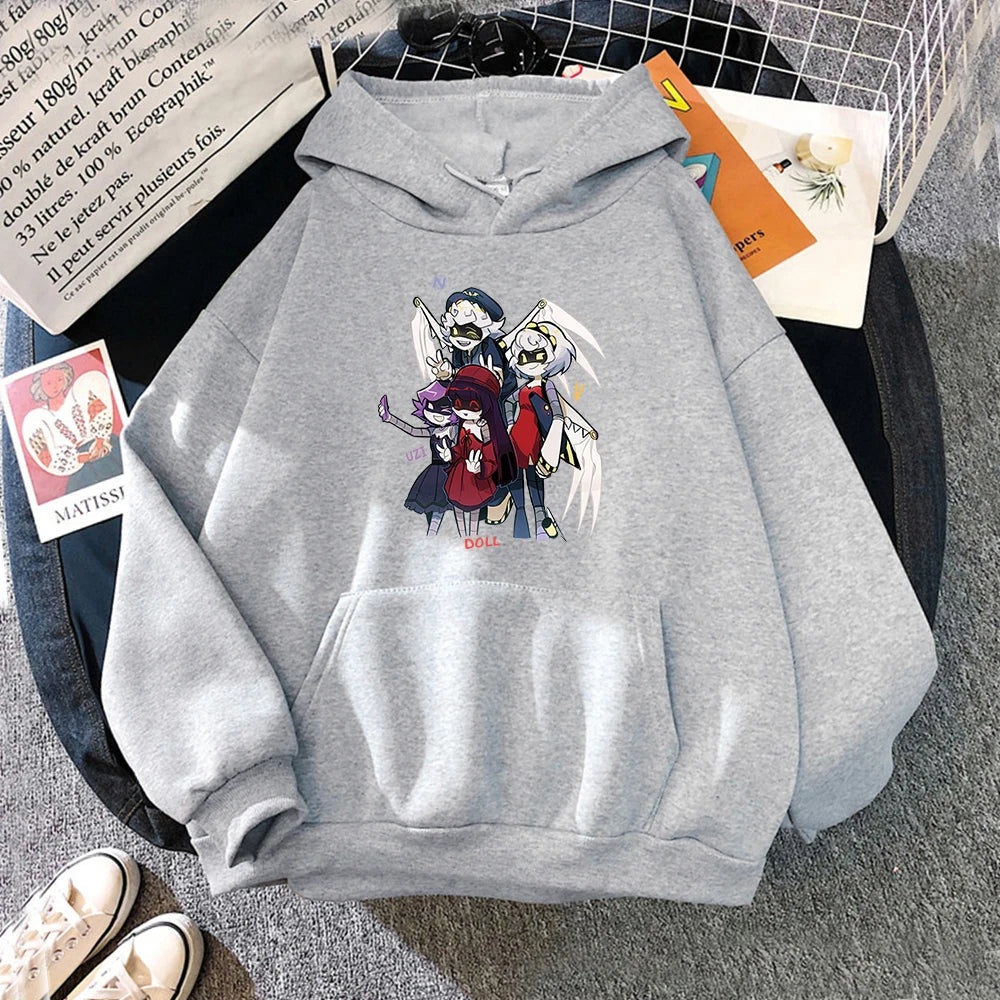 Sudadera unisex con capucha, estampado de personajes y bolsillo canguro