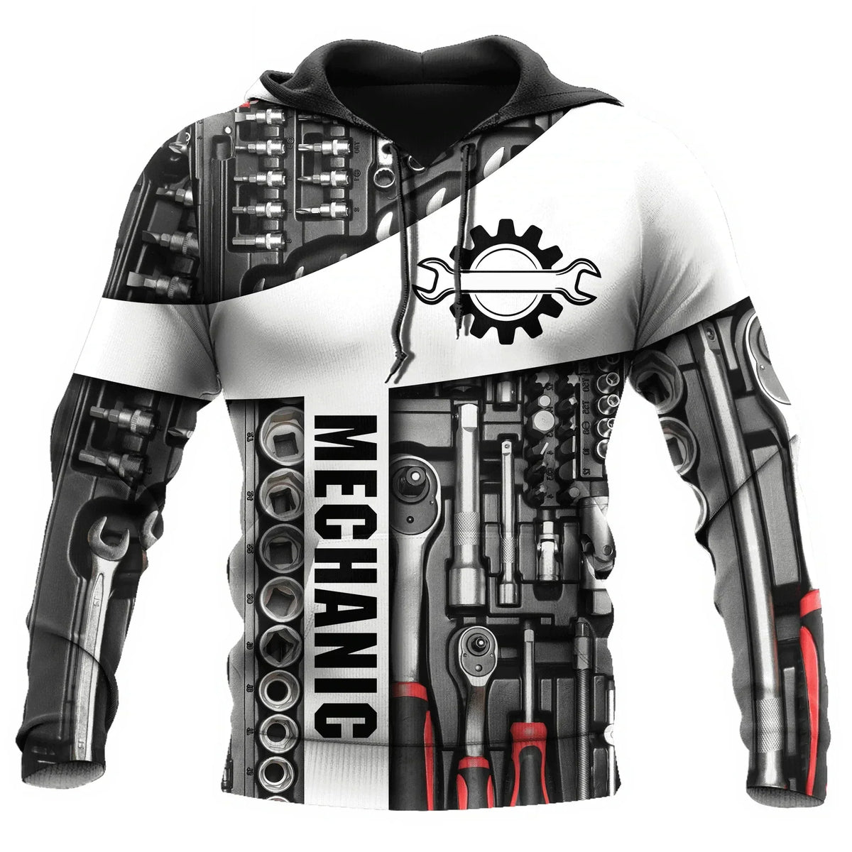 Herren Kapuzenpullover Mechanic Maschinenmotiv Hoodie Schwarz Grau