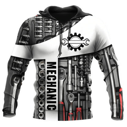 Herren Kapuzenpullover Mechanic Maschinenmotiv Hoodie Schwarz Grau