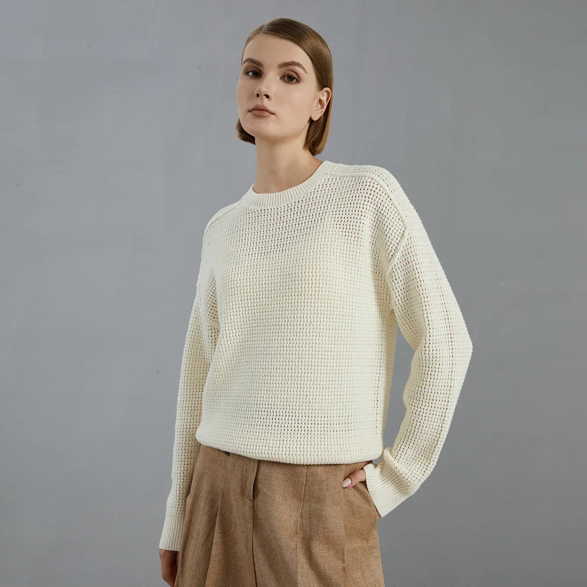 Damen Strickpullover mit Rundhalsausschnitt und Waffelstruktur