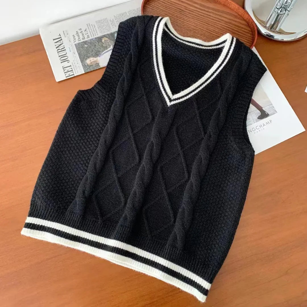 Strickpullunder Damen V-Ausschnitt Zopfmuster College-Stil