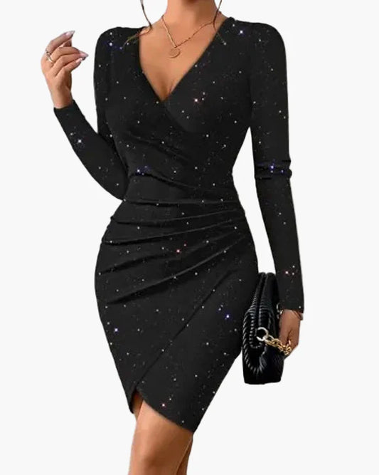 Dames Elegante Bodycon Cocktailjurk met Wikkeloptiek en Lange Mouwen – Perfect voor Avond- en Feestoutfits