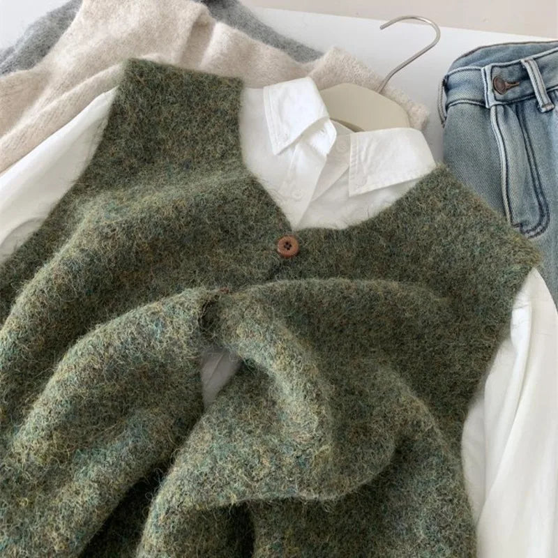 Gilet da donna in maglia con scollo a V e bottoni - Smanicato, lavorazione a trecce, vestibilità ampia