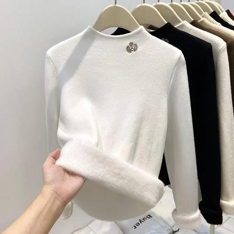 Damen Half-Rollkragen Pullover mit Plüschfutter Langarm