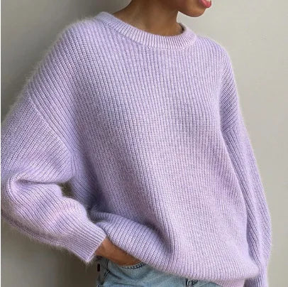 Damen Oversize Strickpullover Rundhals Rippstrick