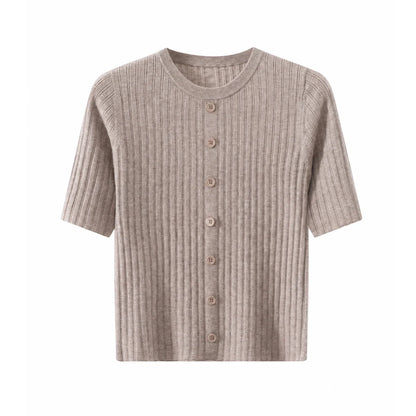 Gerippte Kurzarm Strickjacke für Damen mit Rundhals und Knopfleiste