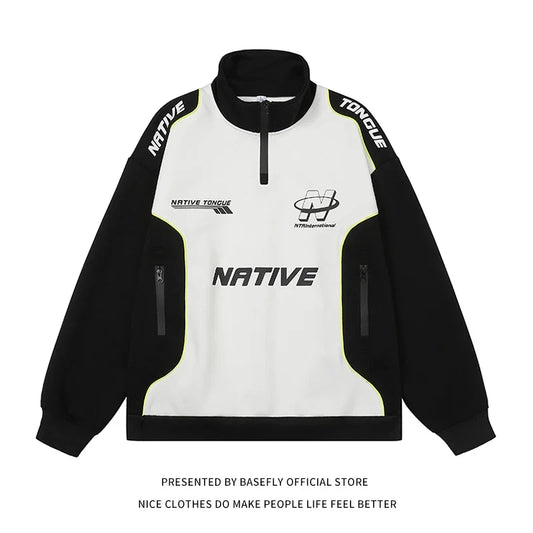 Sudadera unisex con cremallera y cuello alto, bicolor, corte holgado, negra/blanca
