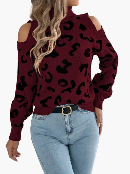 Dames Trui met cut-out schouders en luipaardprint – Trendy vrijetijdsgebreide trui