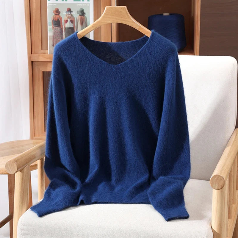 Jersey de cuello en V para mujer, suave, texturizado y de color liso