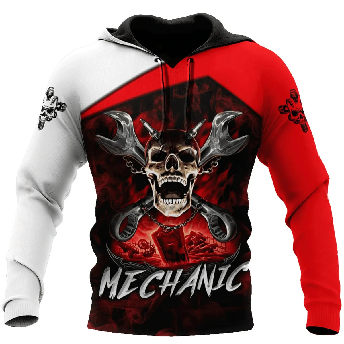 Herren Kapuzenpullover Mechanic Maschinenmotiv Hoodie Schwarz Grau