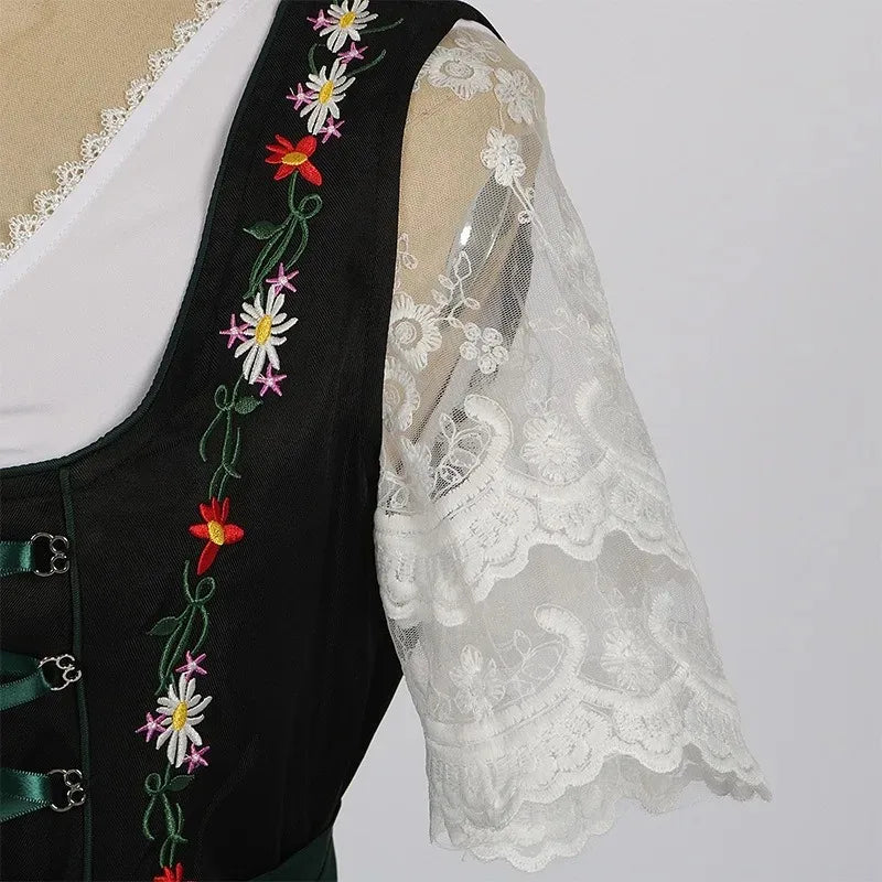 Damen Dirndl Kleid Grün Schwarz Trachtenkleid mit Stickerei und Bluse