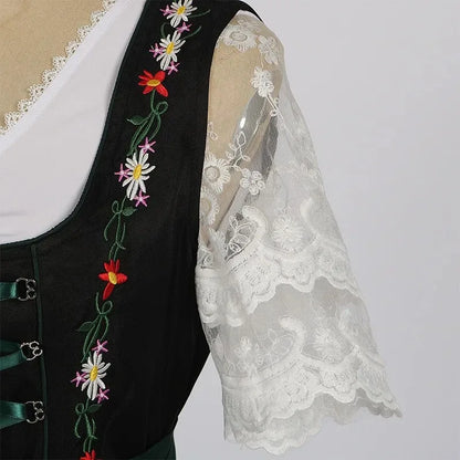 Damen Dirndl Kleid Grün Schwarz Trachtenkleid mit Stickerei und Bluse
