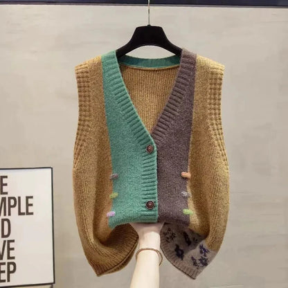 Gilet da donna in maglia con scollo a V, bordi a contrasto, con bottoni