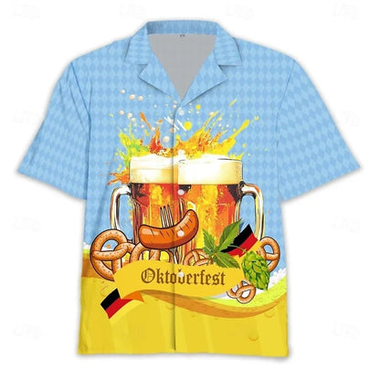 Męska koszula z krótkim rękawem, motyw Oktoberfestu, piwo, precel, kiełbasa, żółta