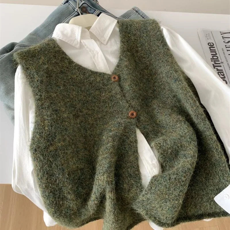 Gilet da donna in maglia con scollo a V e bottoni - Smanicato, lavorazione a trecce, vestibilità ampia