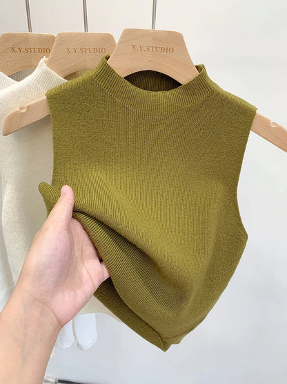 Ärmelloses Stricktop Damen Stehkragen Rippstrick Tanktop