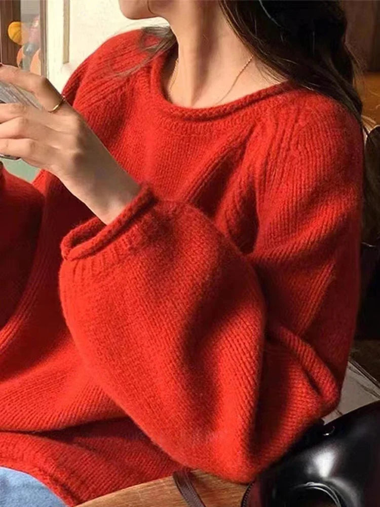 Pullover oversize da donna in maglia, a girocollo, a maniche lunghe