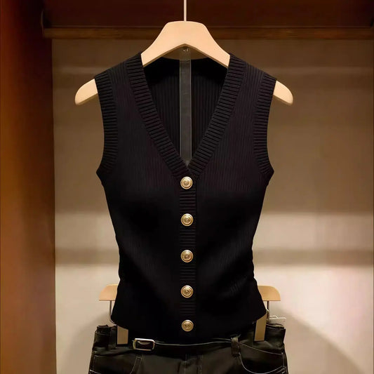 Gilet en maille noir pour femme à col en V et boutons dorés