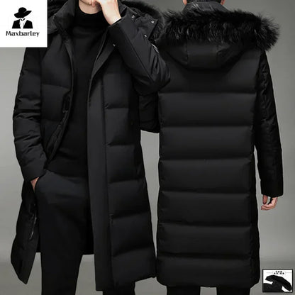 Parka lungo in piuma da uomo, cappotto trapuntato con cappuccio e bordo in pelliccia sintetica