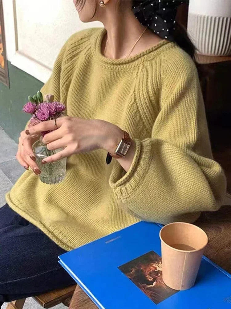 Pullover oversize da donna in maglia, a girocollo, a maniche lunghe