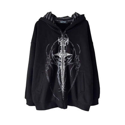 Giacca con cappuccio unisex con cerniera, oversize, stampa gotica