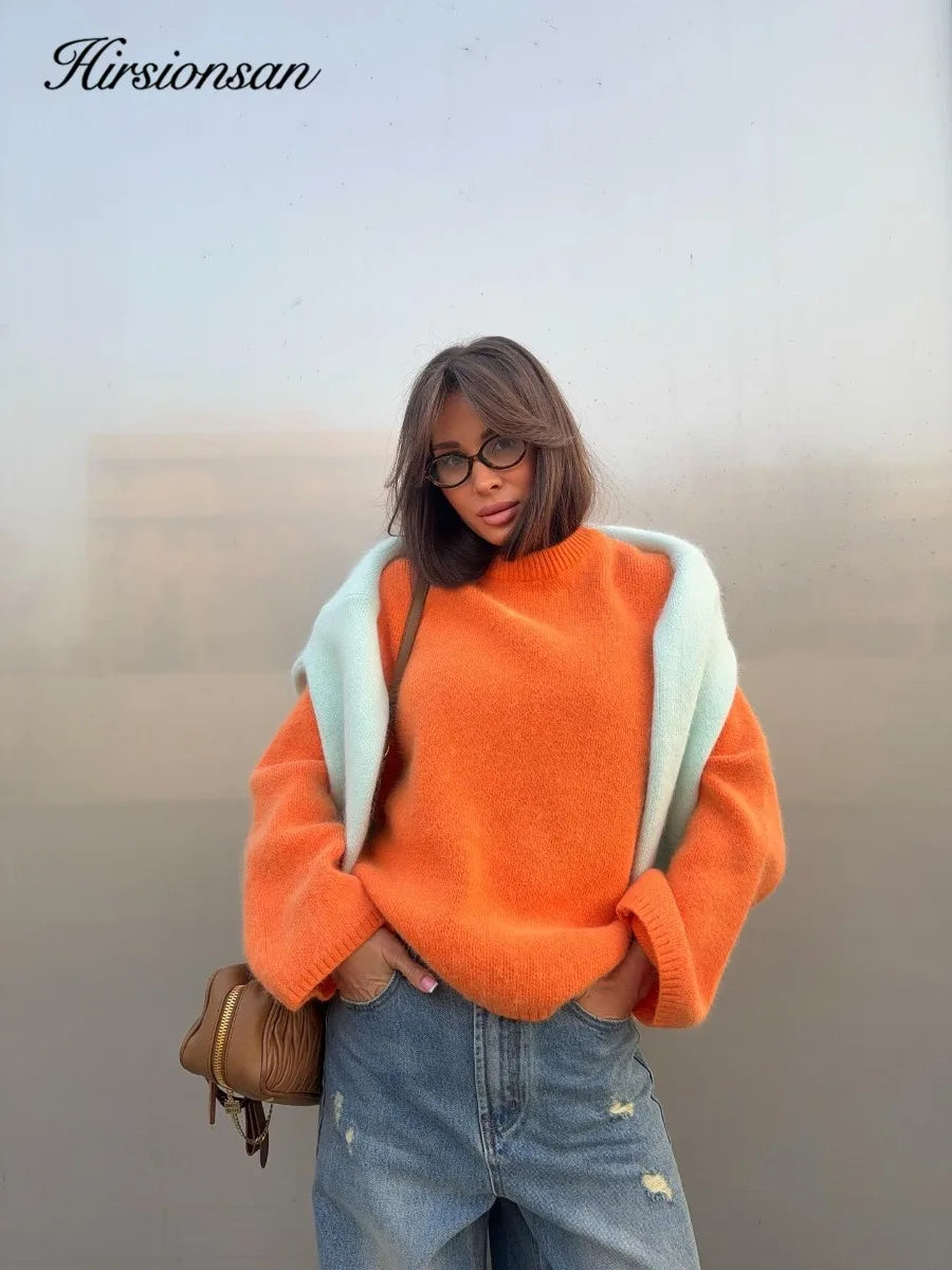 Damen Oversize Pullover Rundhals Weiches Material Mehrfarbig