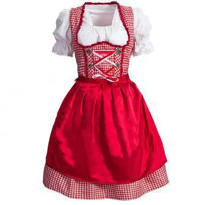 Czerwona damska sukienka ludowa dirndl w kratę z fartuchem i bluzką