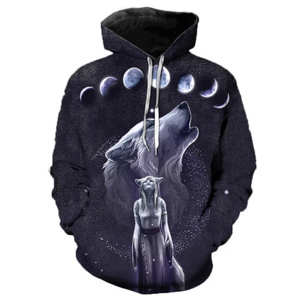 Hoodie mit Wolf Motiv 3D-Druck, Kapuzenpullover mit Kordelzug, Langarm