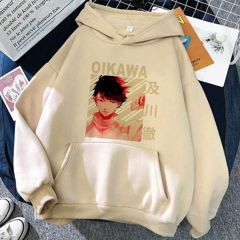 Felpa unisex con cappuccio e stampa anime - beige chiaro "Karasuno Volleyball Club"
