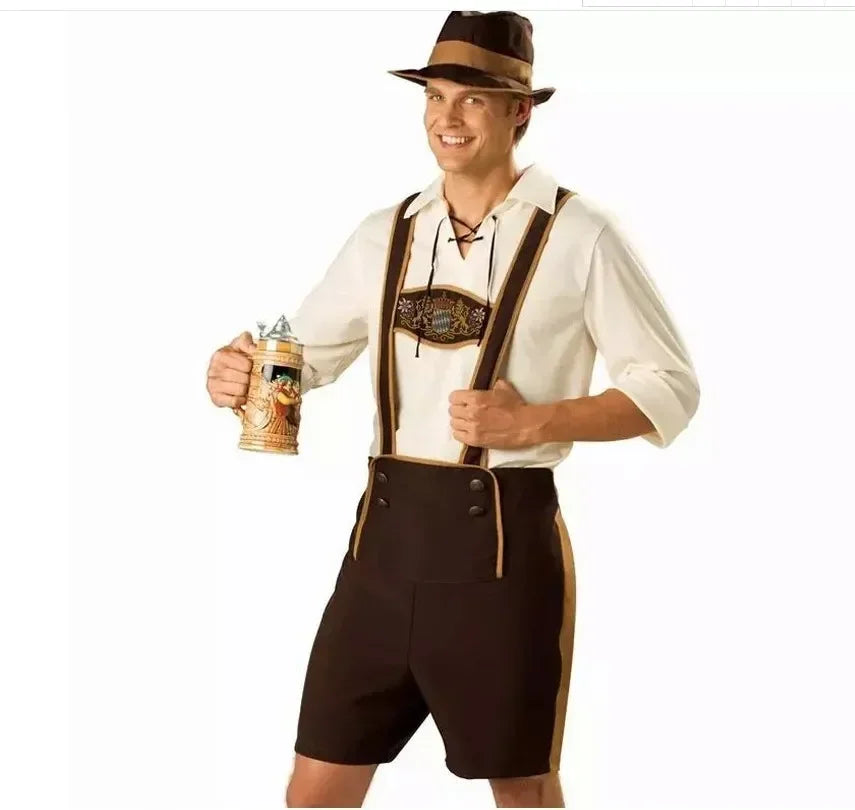 Completo tradizionale da uomo per Oktoberfest beige e marrone con bretelle e cappello