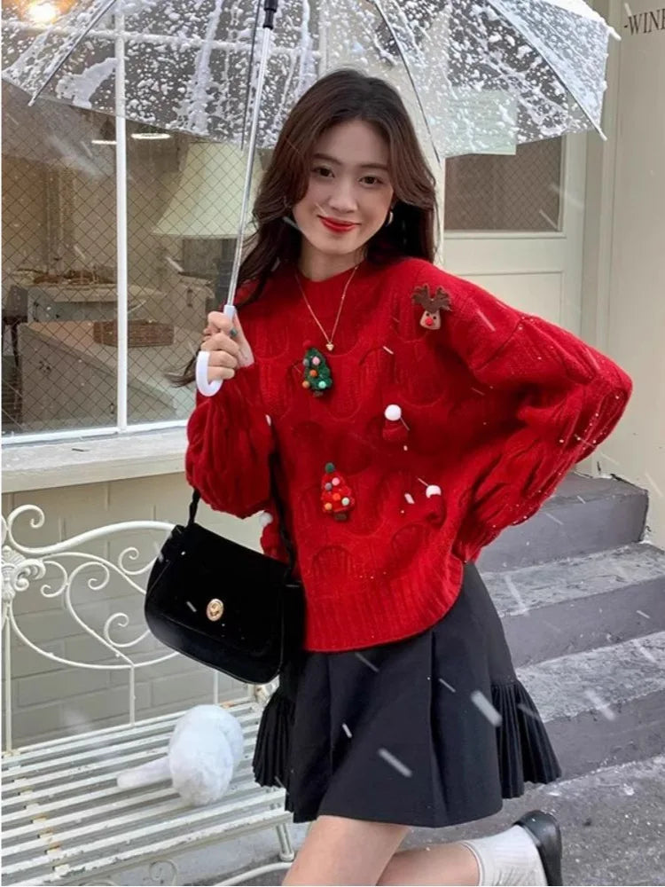 Weihnachtspullover Damen Grobstrick Rundhals Rentiere Tannenbäume Pompons