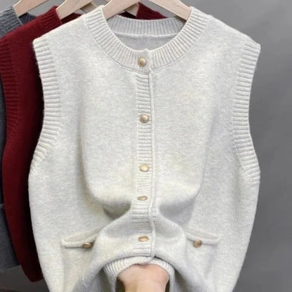 Damen Strickweste mit Rundhalsausschnitt und Knöpfen